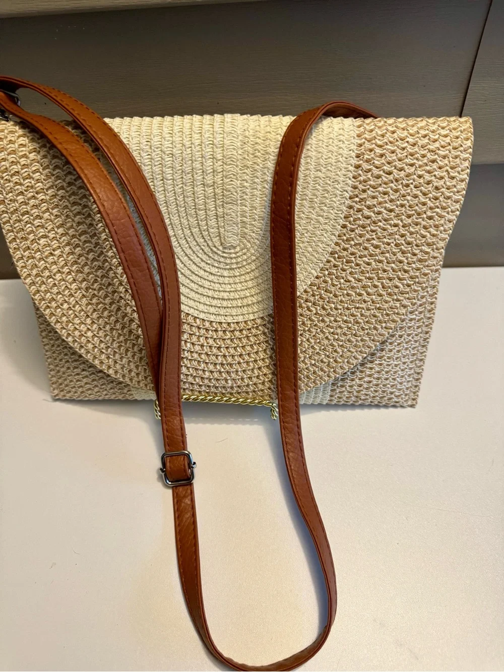 Woven Straw Tote Bag with Brown Strap - Neutral Cream/Beige